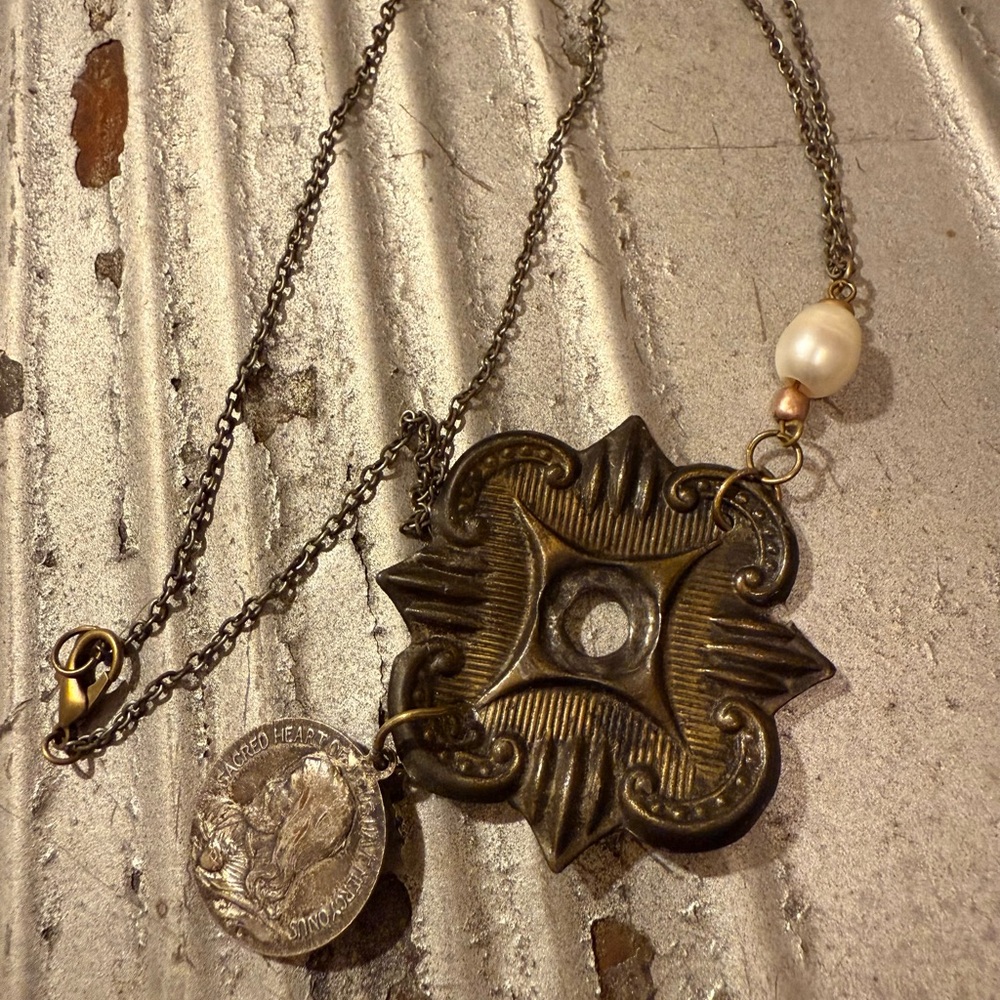 Antique Brass and Pearl Pendant Necklace